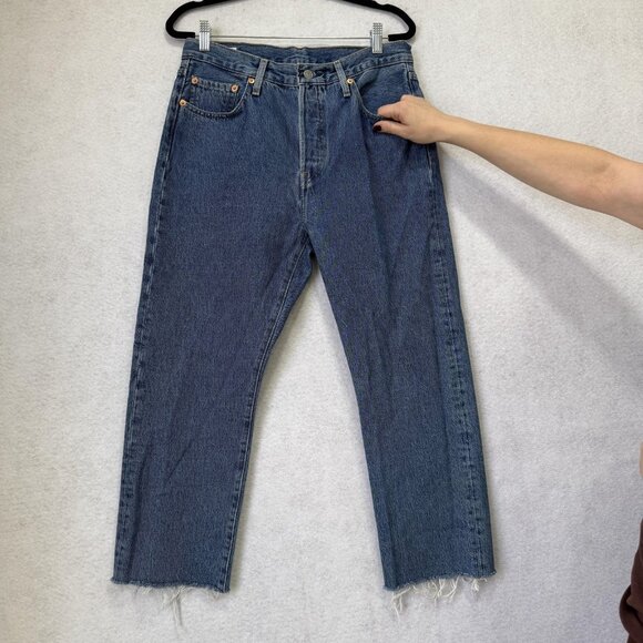 Levis 501 Jeans Womens 29x30 Blue Denim High Rise Straight Button Fly Raw Hem - Picture 2 of 13